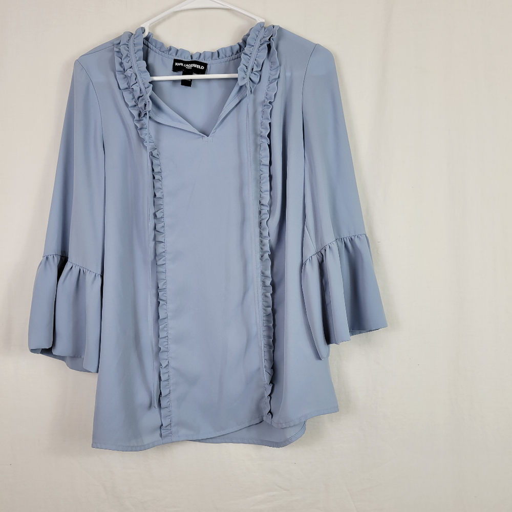 Karl Lagerfeld Paris Womens Blue 3/4 Sleeve Keyhole Neck Ruffle Blouse SZ m
